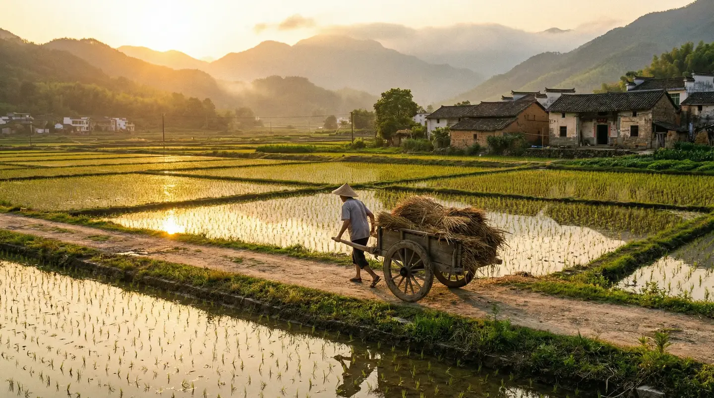 妈妈的朋友电影中字翻译 - 金色夕阳下的乡村田野，老农推着木车行走在田埂上